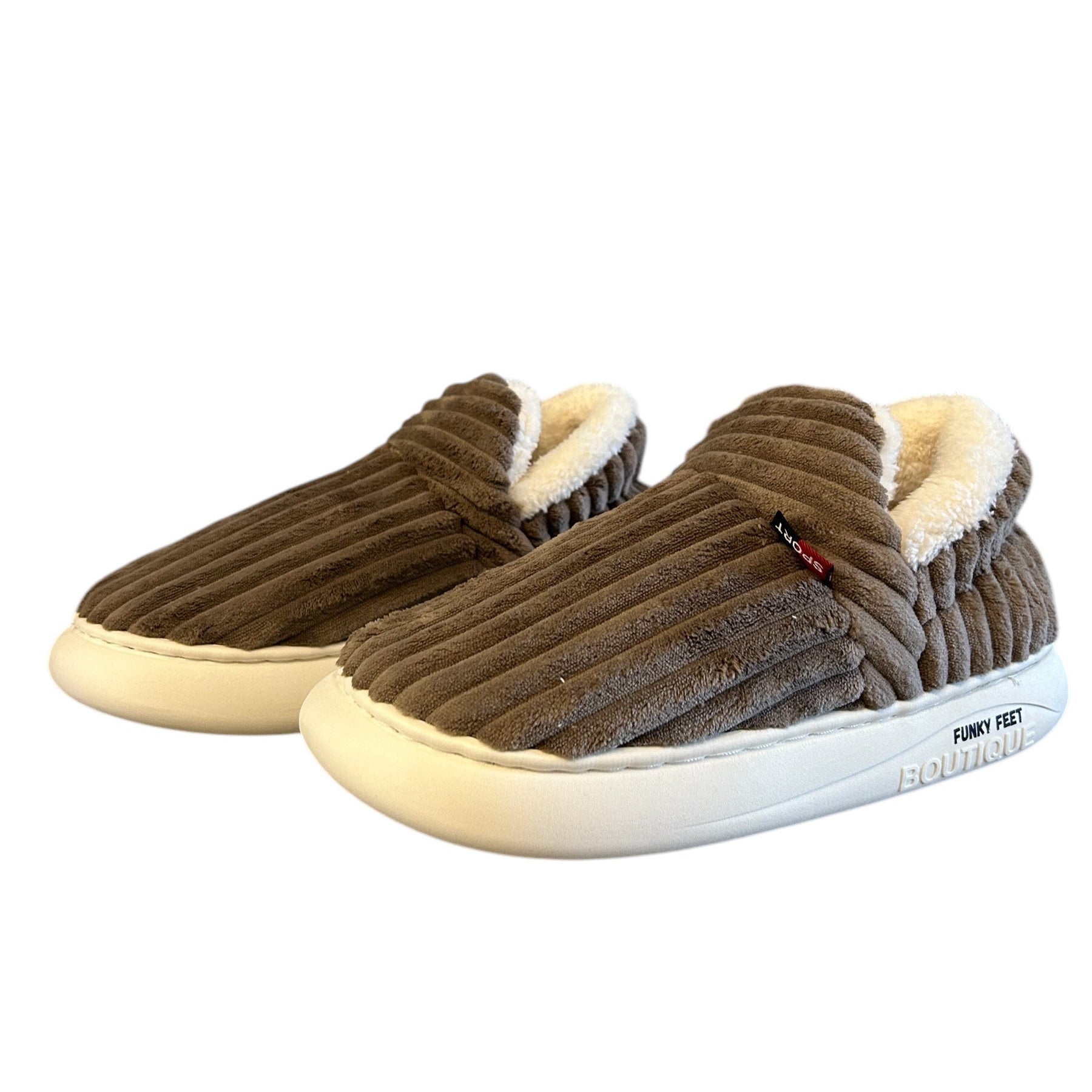 Side view of The Little Softie Brown plush-lined slippers