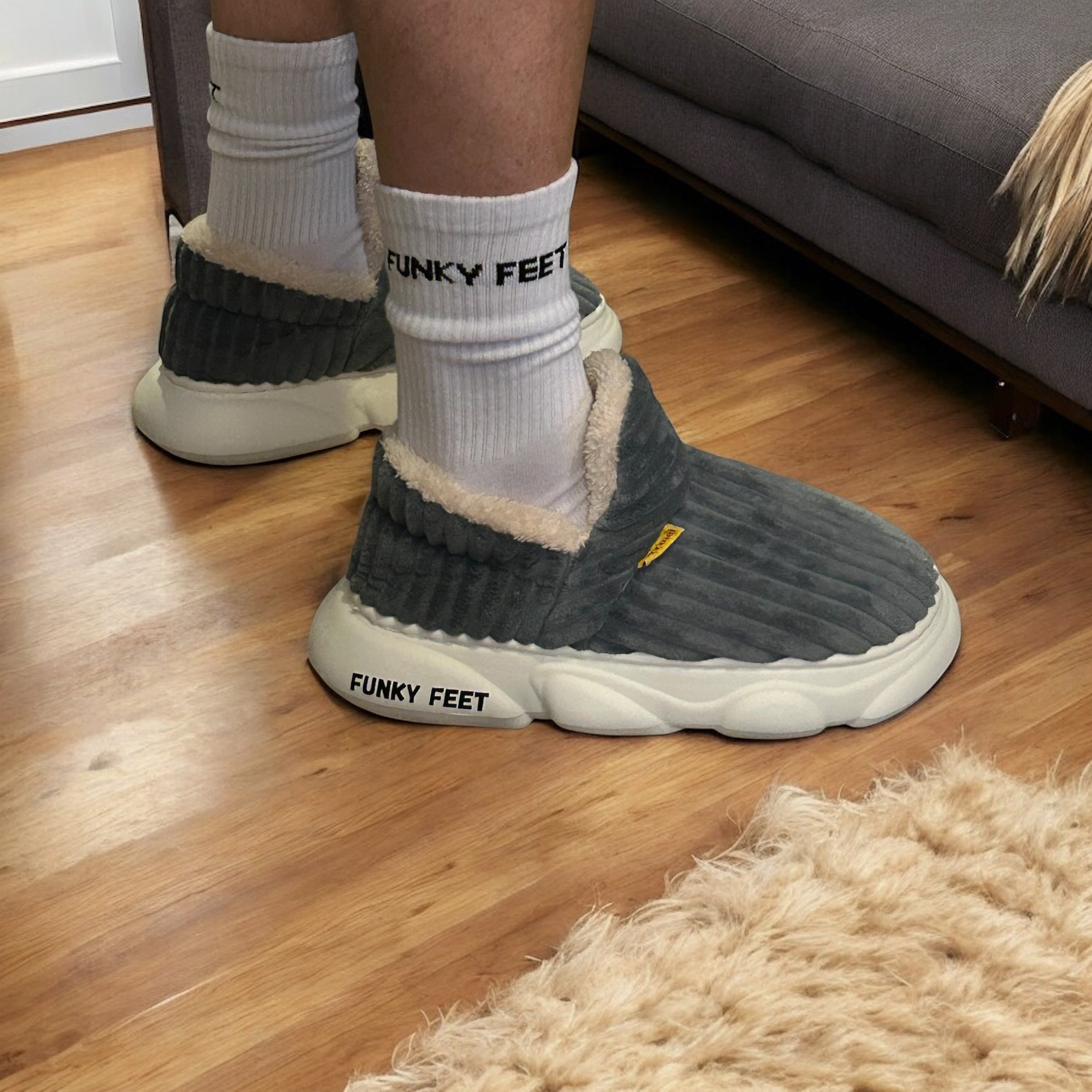 One-size white socks styled with cosy slippers