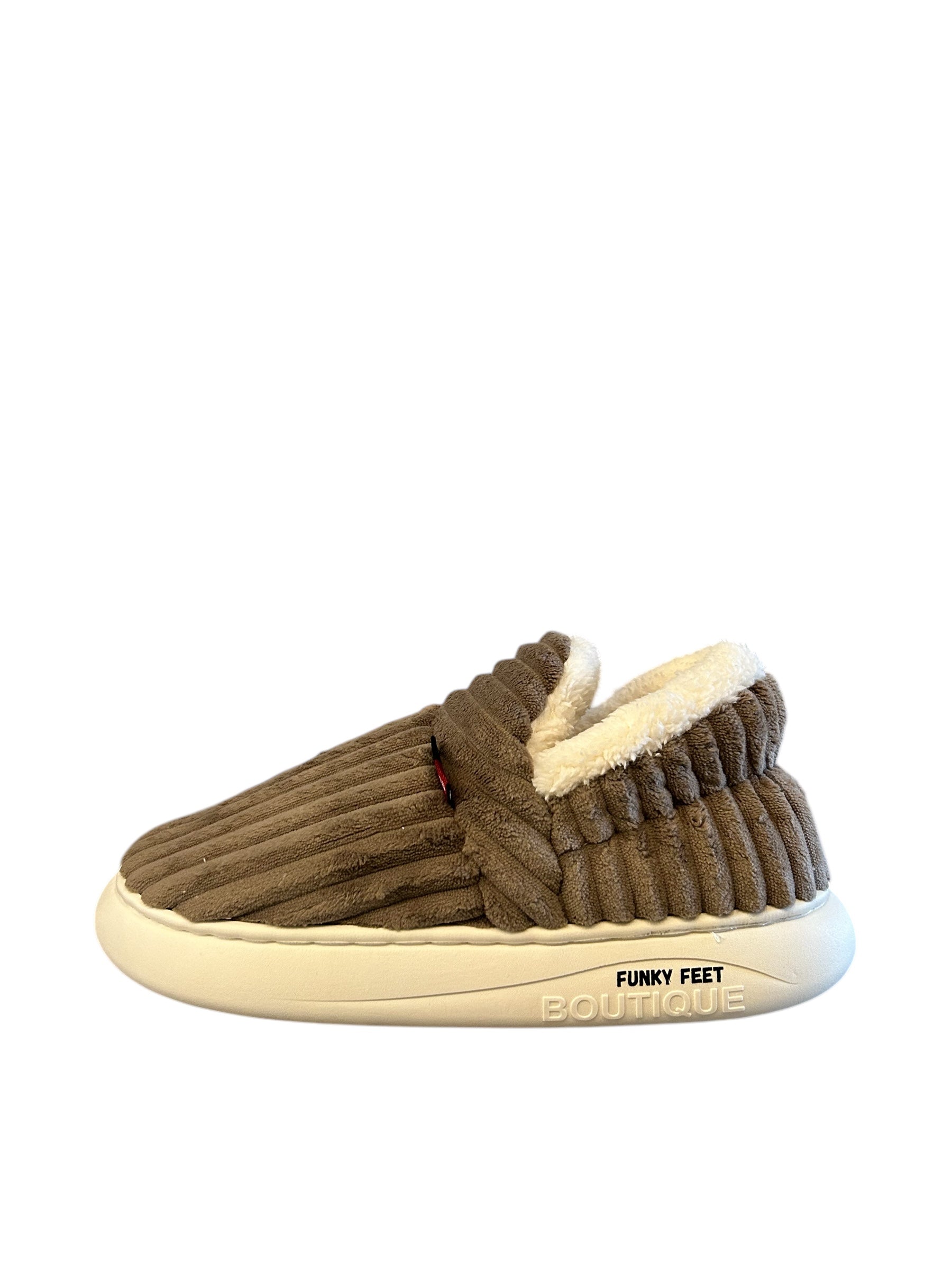 Side view of The Little Softie Brown plush-lined slippers
